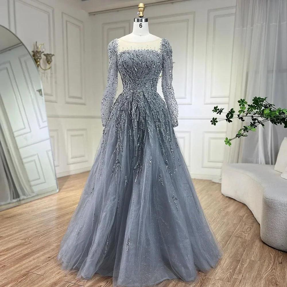 Serene Hill Muslim Pink A Line Beaded Luxury Dubai Long Evening Dresses Gowns For Woman Wedding Party