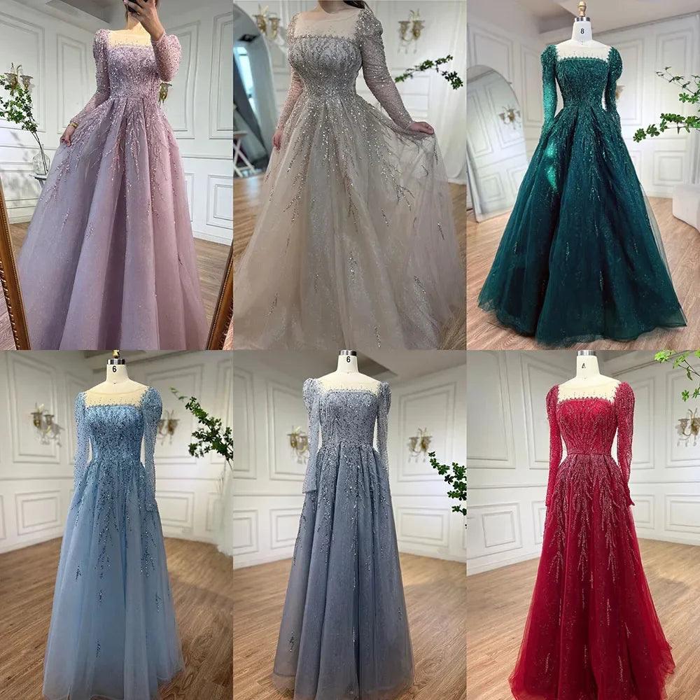 Serene Hill Muslim Pink A Line Beaded Luxury Dubai Long Evening Dresses Gowns For Woman Wedding Party