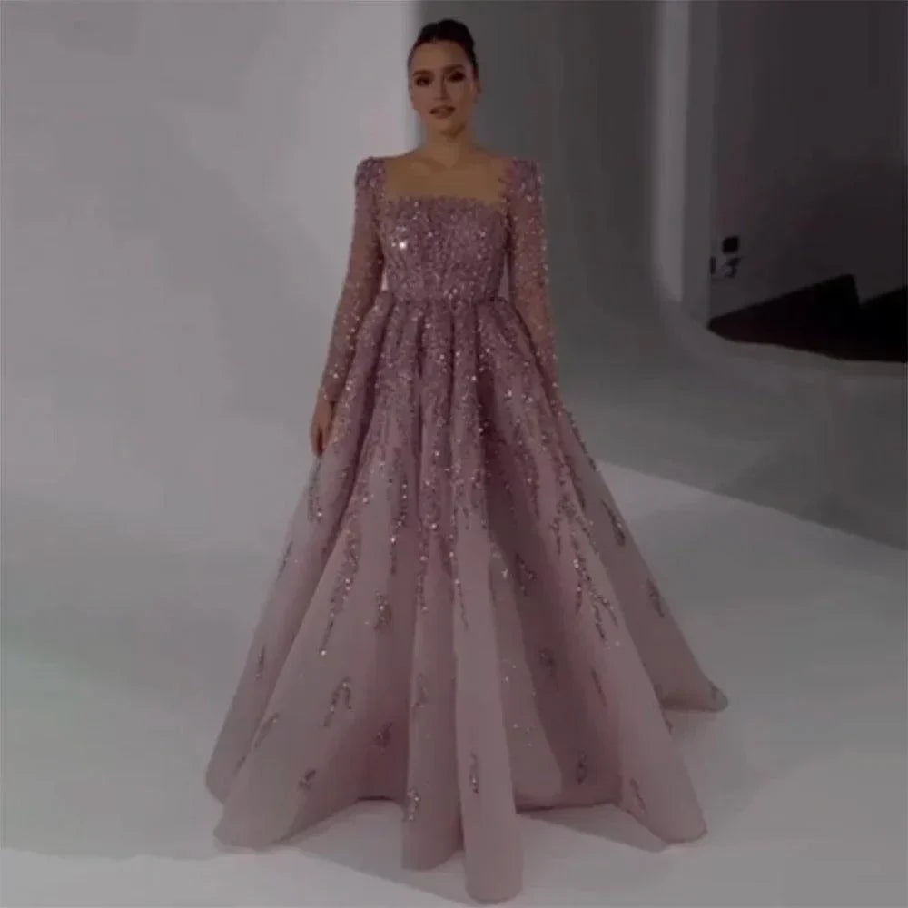 Serene Hill Muslim Pink A Line Beaded Luxury Dubai Long Evening Dresses Gowns For Woman Wedding Party - VelvetHem