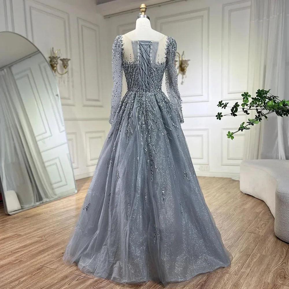 Serene Hill Muslim Pink A Line Beaded Luxury Dubai Long Evening Dresses Gowns For Woman Wedding Party
