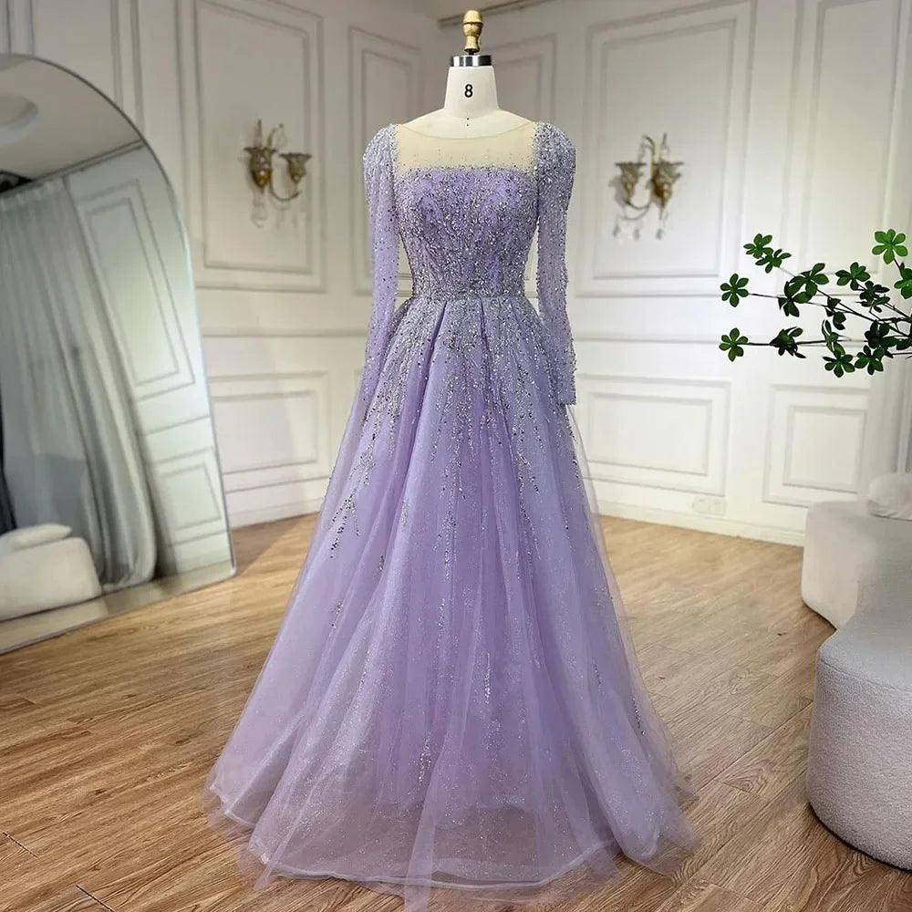 Serene Hill Muslim Pink A Line Beaded Luxury Dubai Long Evening Dresses Gowns For Woman Wedding Party