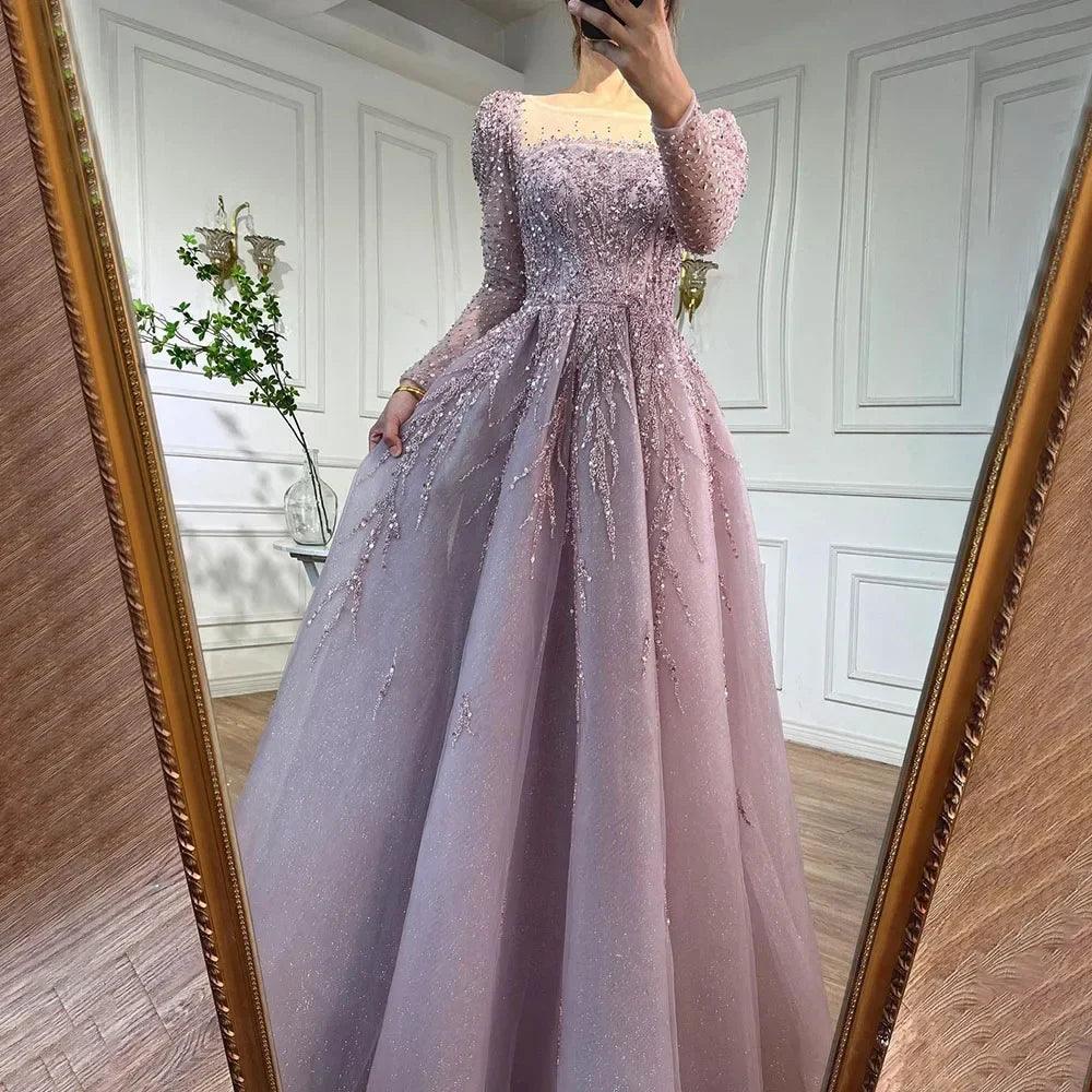Serene Hill Muslim Pink A Line Beaded Luxury Dubai Long Evening Dresses Gowns For Woman Wedding Party