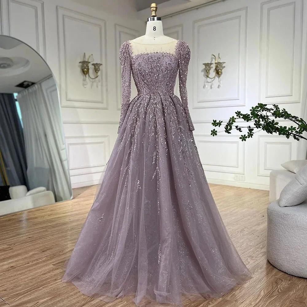 Serene Hill Muslim Pink A Line Beaded Luxury Dubai Long Evening Dresses Gowns For Woman Wedding Party