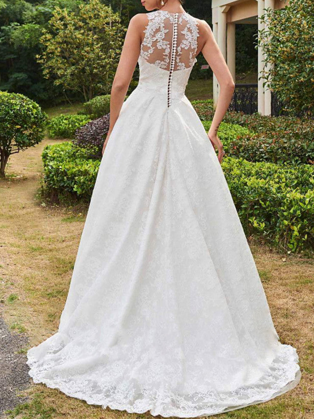 Sexy A-Line Beach Wedding Dress Jewel Lace Tulle Sleeveless Formal Bridal Gowns with Sweep Train