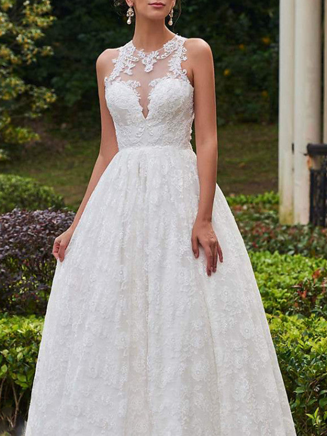 Sexy A-Line Beach Wedding Dress Jewel Lace Tulle Sleeveless Formal Bridal Gowns with Sweep Train