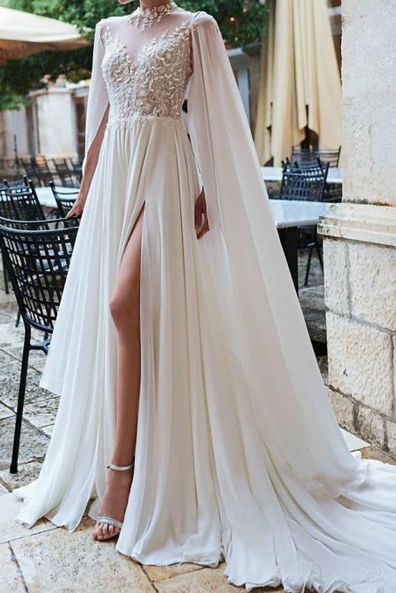 Sexy A-Line Beach Wedding Dresses High Neck Detachable Chiffon Lace Long Sleeve Bridal Gowns See-Through Court Train