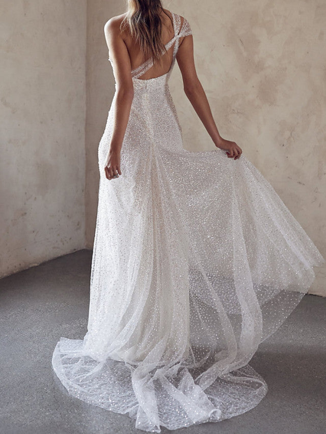 Sexy A-Line Beach Wedding Dresses One Shoulder Strapless Tulle Sequined Bridal Gowns in Color See-Through Court Train