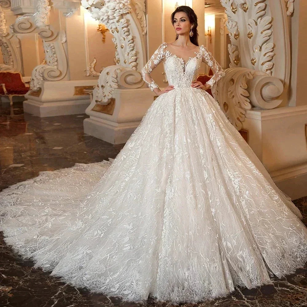 Sexy A-line V-neck Bespoke Wedding Dress 2023 Italian Exquisite Lace White Tulle Long Sleeve Train Button Bride Dress (ZD13400)