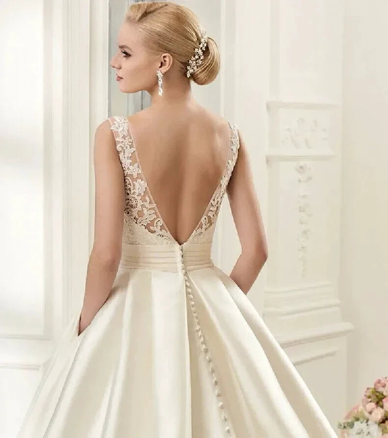 Sexy Backless Satin Wedding Dresses 2021 Chapel Train Bridal Gowns Ivory vestido noiva princesa (ZD13476)