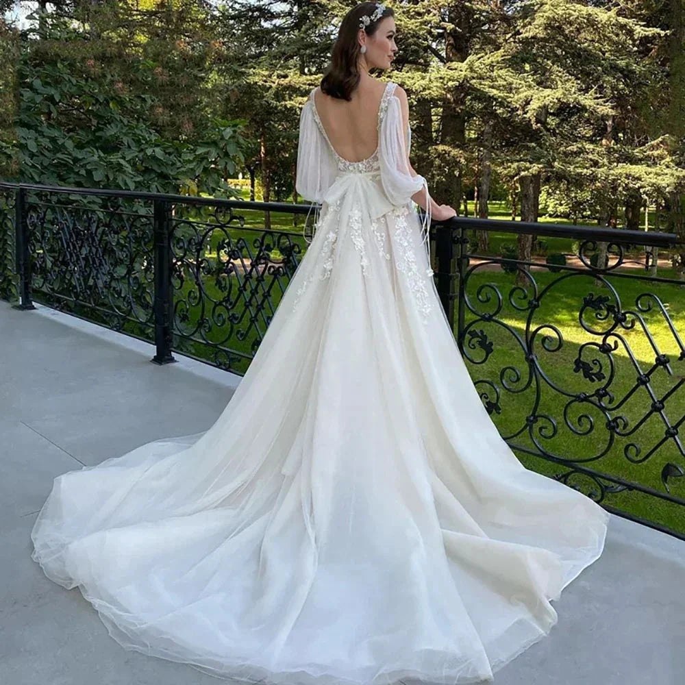 Sexy Deep V Neck Wedding Dress A-Line 3/4 Sleeve Open Back Tulle Lace Appliquéd Boho Bridal Gown Vestidos Custom (ZD14114)