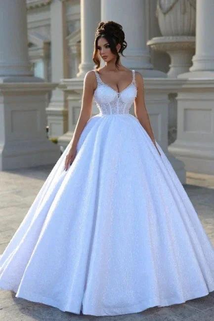 Sexy Floor-Length Straps Sleeveless V-Neck Beadings Ball Gown Wedding Dresses with Lace (ZD15757) - VelvetHem