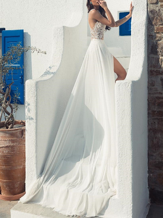 Sexy Halter Tulle Lace Appliques Split A-Line Beach Wedding Dresses Long