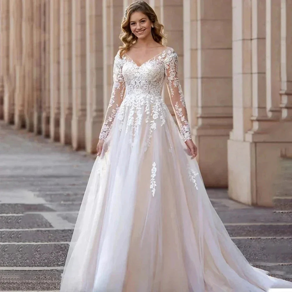 Sexy Lace Simple Elegant Mopping Wedding Dresses V-neck Long Sleeves Plain White Pretty Fascinating Bridal Gowns Backless 2023 (ZD14222)