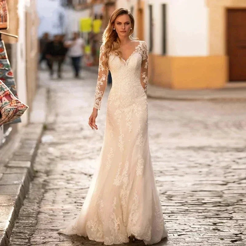Sexy Lace V-Neck 2023 New Ladies Mermaid Wedding Dresses Floor White Bride Elegant Guest Long Sleeve Vestidos De Novia Applique by payinti