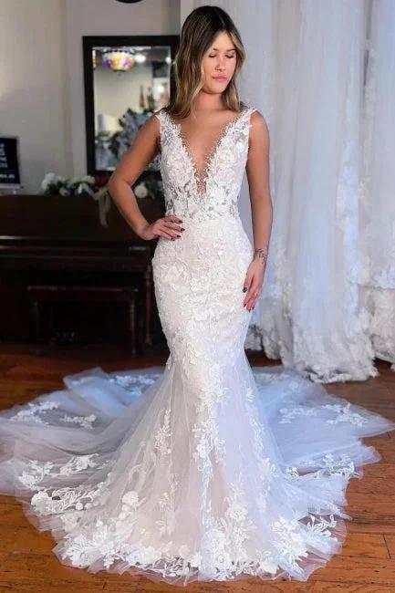 Sexy Long Mermaid V-neck Sleeveless Lace Wedding Dresses with Train (ZD15597) - VelvetHem