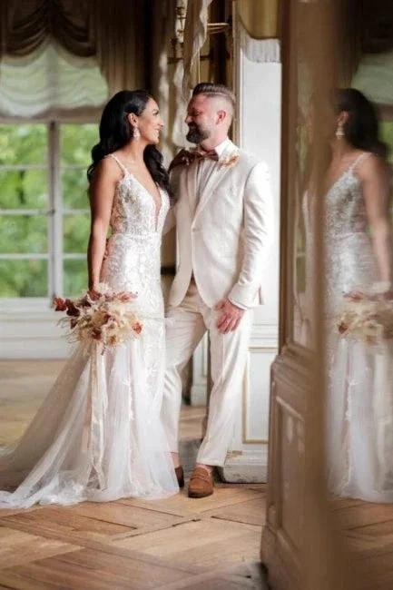 Sexy Long Mermaid V-neck Sleeveless Wedding dresses With Lace (ZD15613)