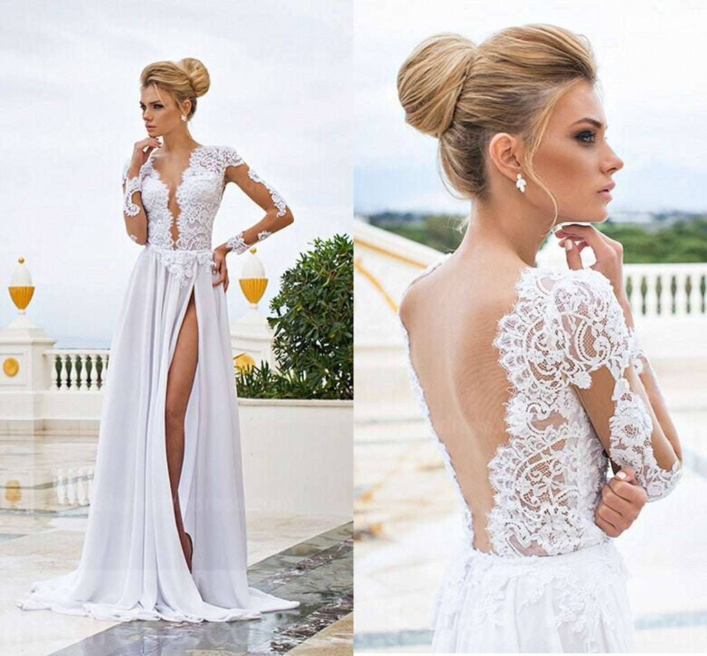 Sexy Long Sleeve V-Neck Wedding Dresses A-Line Split-front Open Back Bridal Gowns