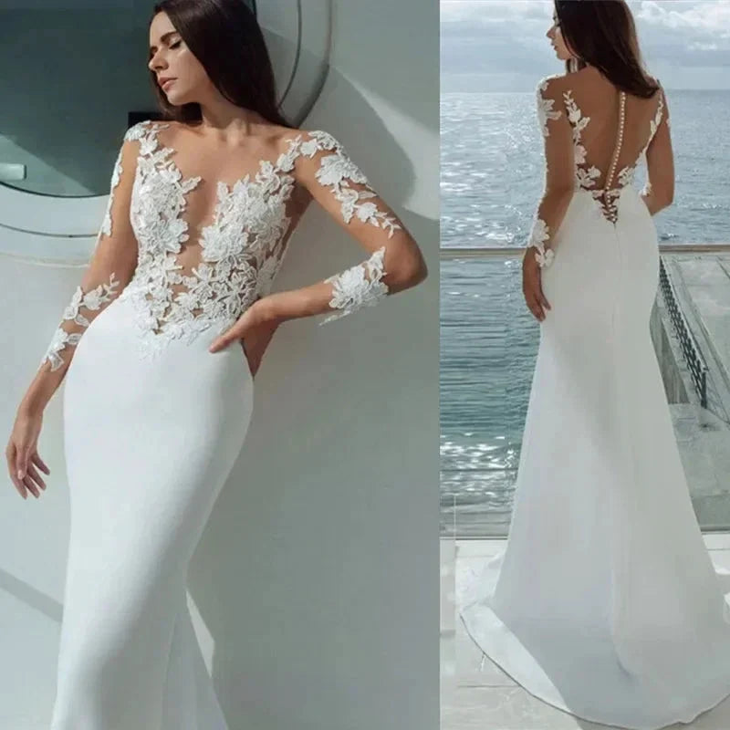 Sexy Long Sleeves Mermaid Wedding Dresses White Illusion Neck Lace Appliques 2023 Bridal Dress Gowns Beach Vestidos De Noiva (ZD13317) - VelvetHem
