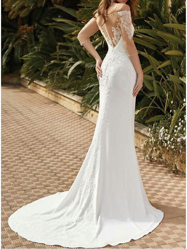 Sexy Mermaid Beach Wedding Dress Square Neck Lace Satin Tulle Half Sleeves Bridal Gowns with Sweep Train