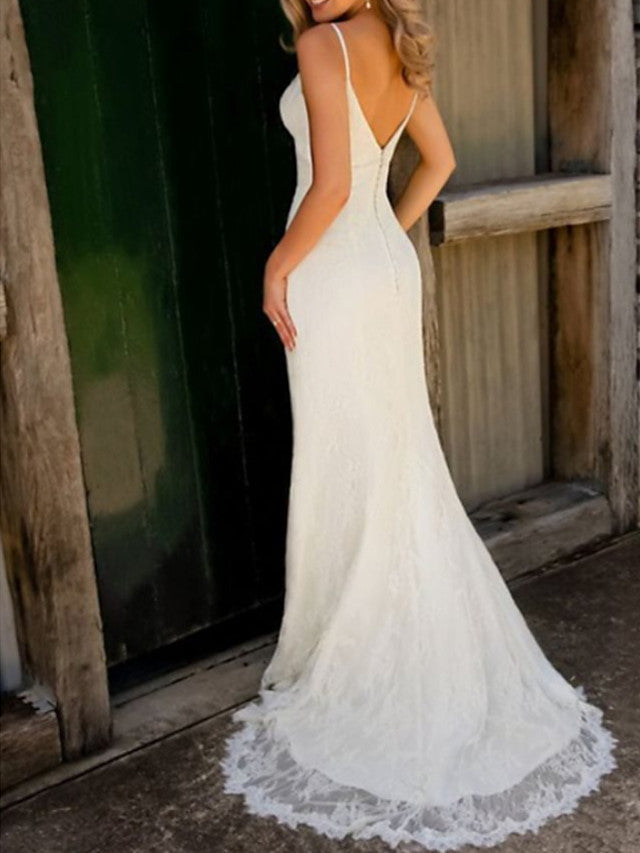 Sexy Mermaid Beach Wedding Dress V-Neck Spaghetti Strap Lace Sleeveless Simple Bridal Gowns Sweep Train
