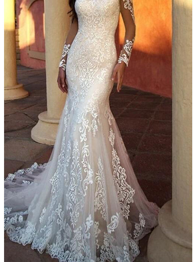 Sexy Mermaid Beach Wedding Dresses Jewel Lace Tulle Long Sleeve Bridal Gowns Sweep Train
