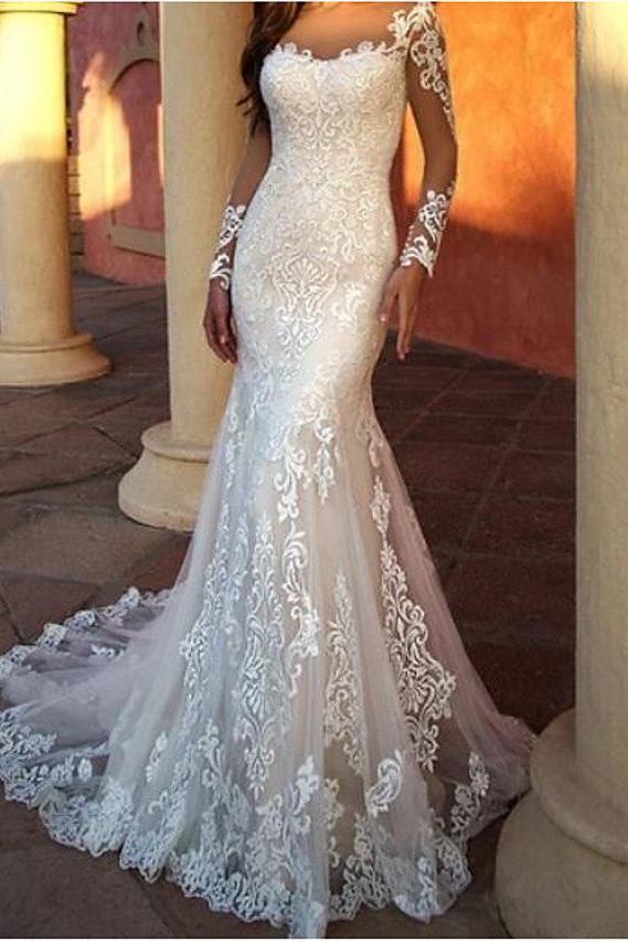 Sexy Mermaid Beach Wedding Dresses Jewel Lace Tulle Long Sleeve Bridal Gowns Sweep Train