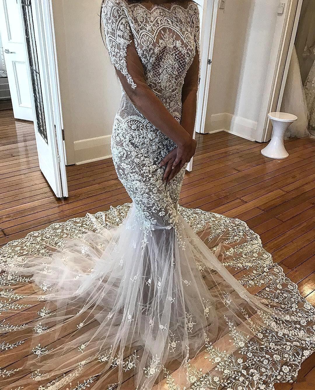 Sexy Mermaid Long Sleeve Lace Beach Wedding Dress Sexy | Flowers See Through Tulle Bride Dress