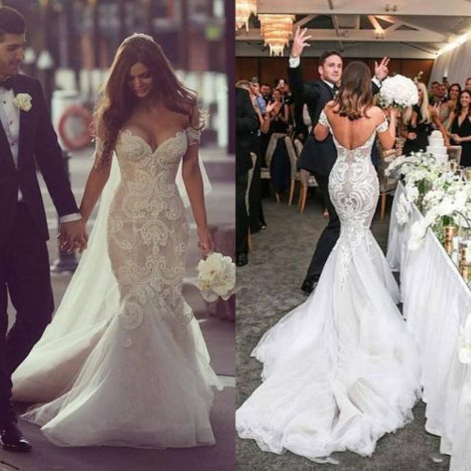 Sexy Mermaid Off Shoulder Long Wedding Dress White Court Train Formal Bridal Gowns