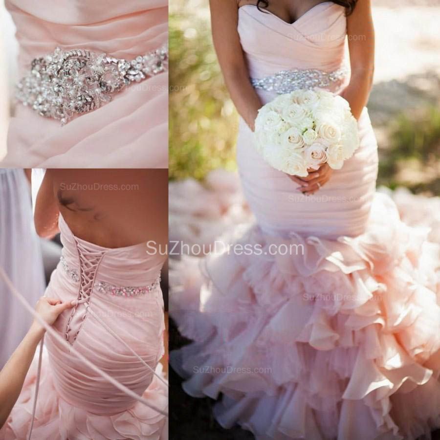 Sexy Mermaid Sweetheart Wedding Dresses Pink Crystal Lace-Up Lovely Ruffles Bridal Gowns