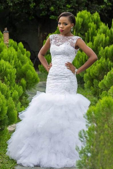 Sexy Mermaid Tiered Long Wedding Dresses Crystal Sleeveless Bridal Gowns