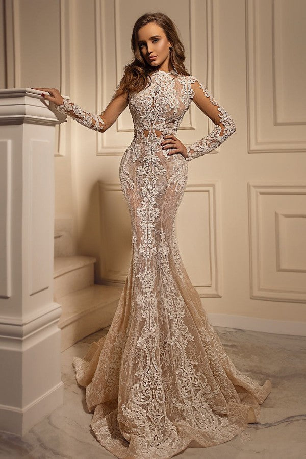 Sexy Mermaid Tulle Lace Long Sleeves Beach Wedding Dress On Sale