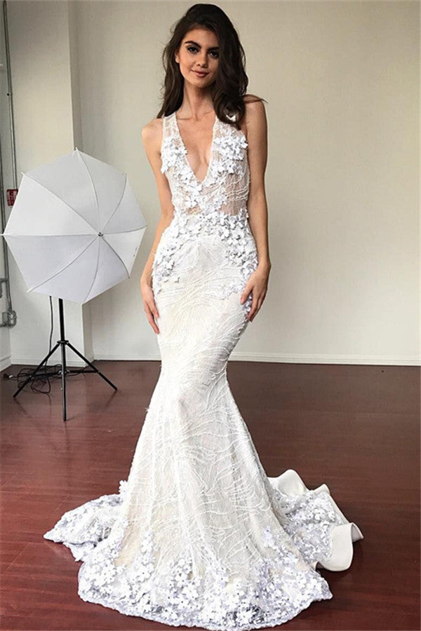 Sexy Mermaid V-neck Sleeveless Beach Wedding Dresses | Elegant Lace Flowers Bridal Gowns