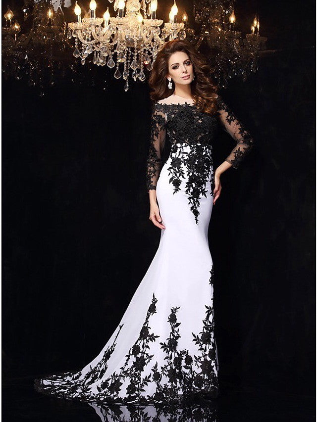 Sexy Mermaid Wedding Dress Bateau Lace Tulle Lace Long Sleeves Bridal Gowns with Sweep Train