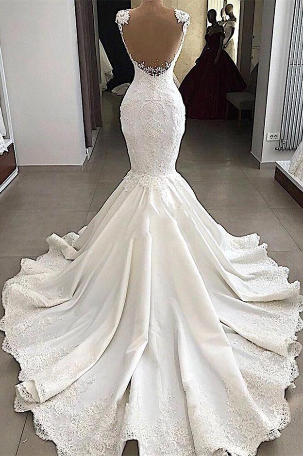 Sexy Mermaid Wedding Dress | Sleeveless Sheer Tulle Appliques Bridal Gowns