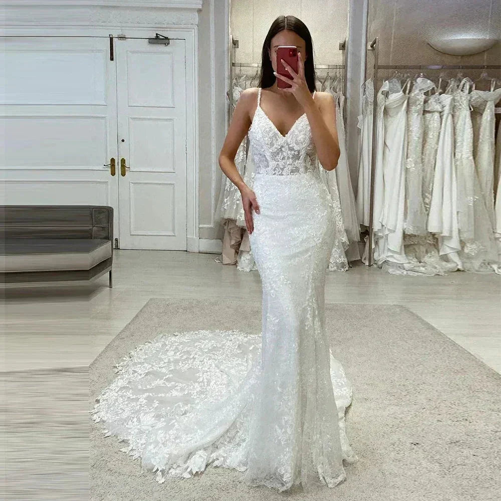 Sexy Off Shoulder Mermaid Mopping Wedding Dresses V Neck Bride Gowns Sleeveless Bridal Robes Appliques Backless Lace Charming (ZD14245) - VelvetHem