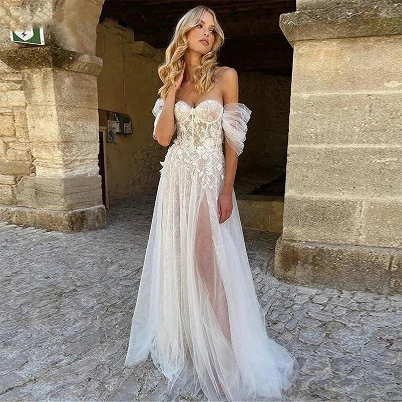 Sexy Off Shoulder Wedding Dresses Bohemian Tulle Elegant Women's Side Split A-line Lace Applique Beach Bridal Dress Sleeveless (ZD14185)