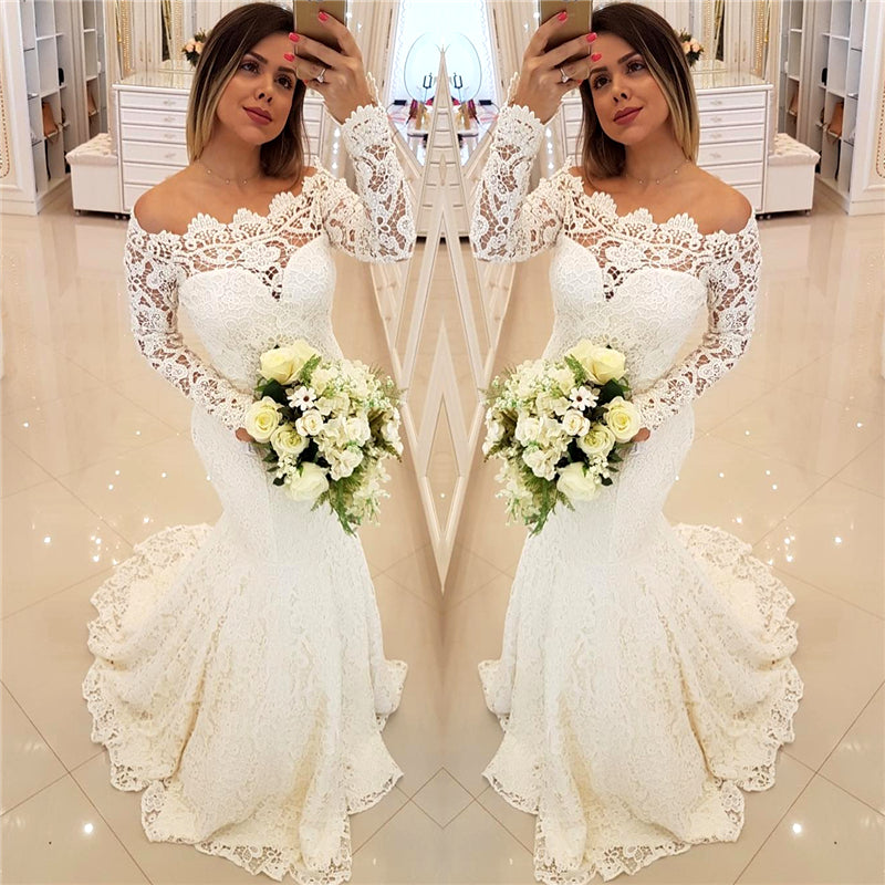Sexy Off The Shoulder Mermaid Beach Wedding Dresses | Long Sleeves Lace Beach Bridal Dresses with Court Train