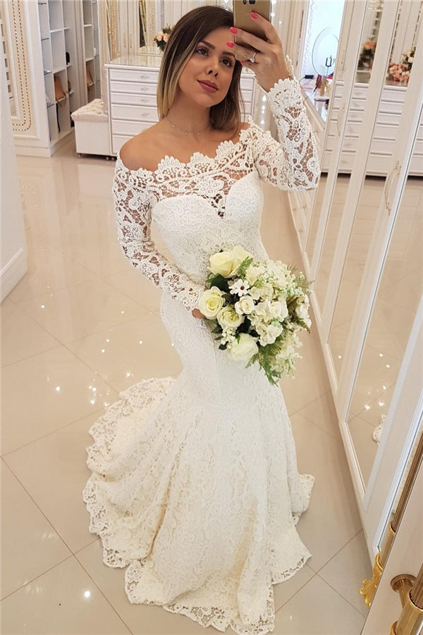 Sexy Off The Shoulder Mermaid Beach Wedding Dresses | Long Sleeves Lace Beach Bridal Dresses with Court Train