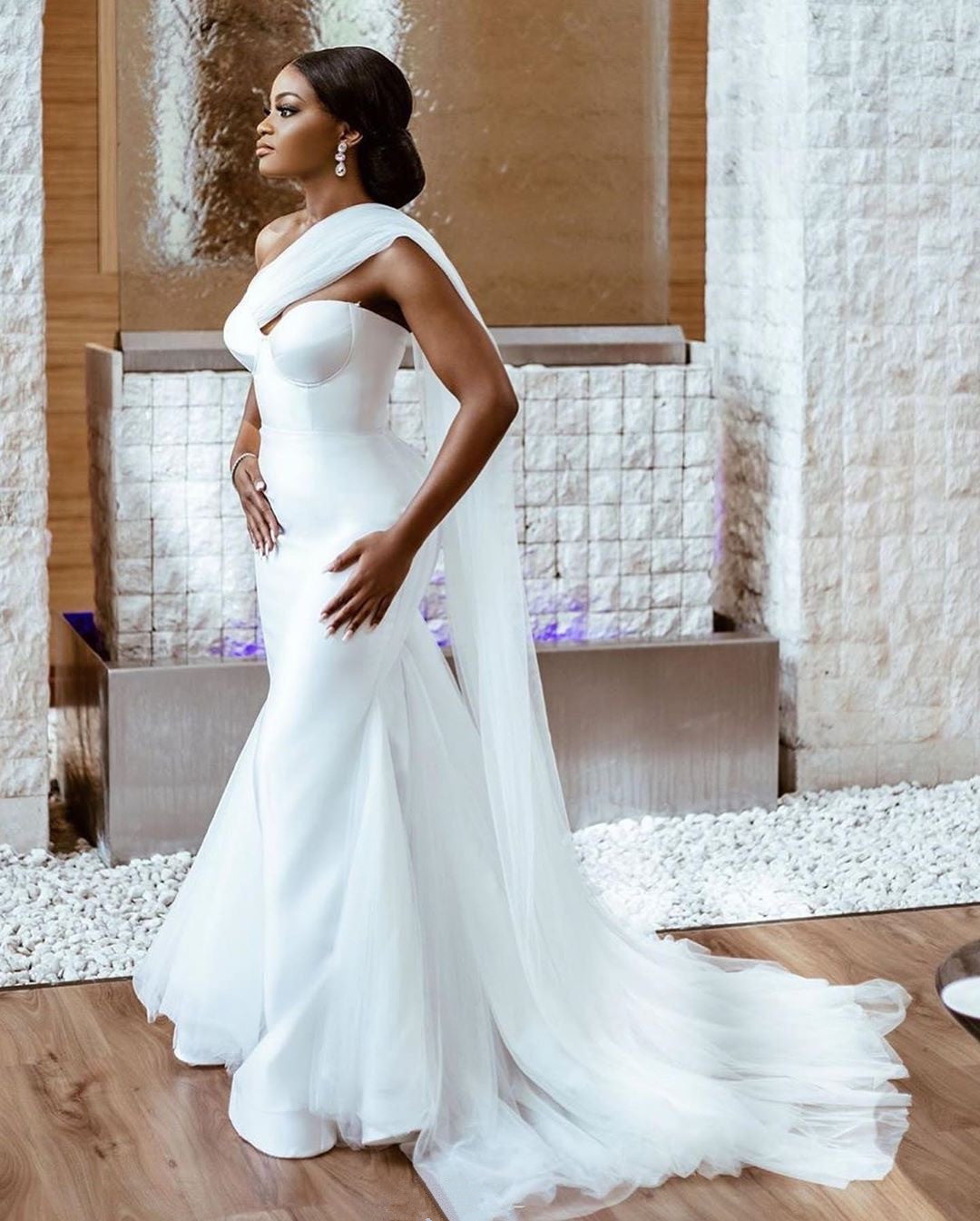 Sexy One Shoulder Simple Beach Wedding Dresses with Tulle Train | Mermaid Satin Beach Bridal Dresses Online