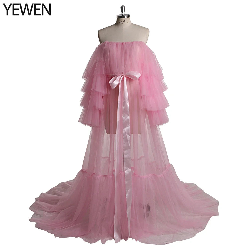 Sexy Pink Long Maternity Photography Props Dresses Tulle Perspective Pregnancy Mesh Maxi Gown For Pregnant Women Photo Shooting