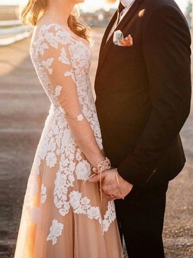 Sexy See-Through A-Line Beach Wedding Dress Jewel Lace Tulle Long Sleeve Bridal Gowns Sweep Train