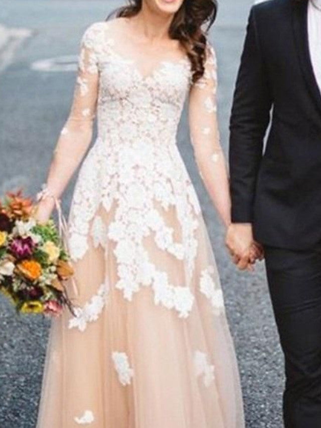 Sexy See-Through A-Line Beach Wedding Dress Jewel Lace Tulle Long Sleeve Bridal Gowns Sweep Train