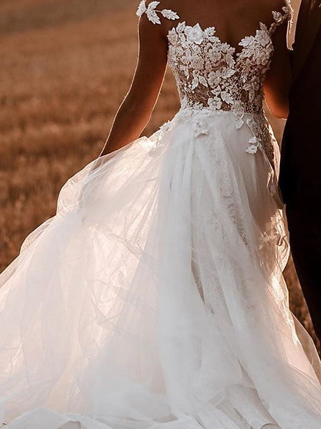 Sexy See-Through A-Line Beach Wedding Dress Jewel Lace Tulle Short Sleeve Bridal Gowns Sweep Train