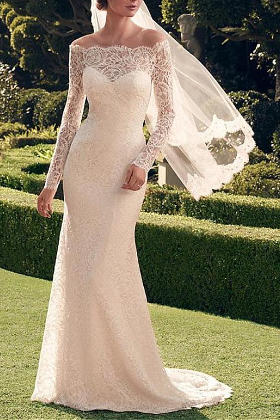 Sexy See-Through Mermaid Beach Wedding Dress Off Shoulder Lace Long Sleeve Romantic Bridal Gowns Sweep Train