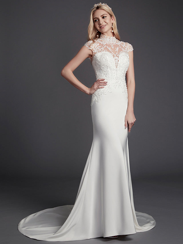 Sexy See-Through Mermaid Wedding Dress High-Neck Lace Satin Sleeveless Bridal Gowns Illusion Detail Backless with Court Train