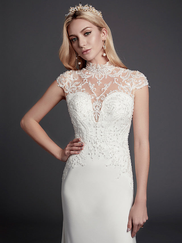 Sexy See-Through Mermaid Wedding Dress High-Neck Lace Satin Sleeveless Bridal Gowns Illusion Detail Backless with Court Train