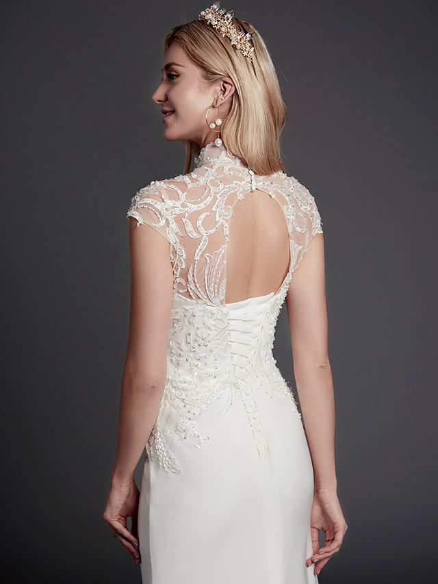 Sexy See-Through Mermaid Wedding Dress High-Neck Lace Satin Sleeveless Bridal Gowns Illusion Detail Backless with Court Train