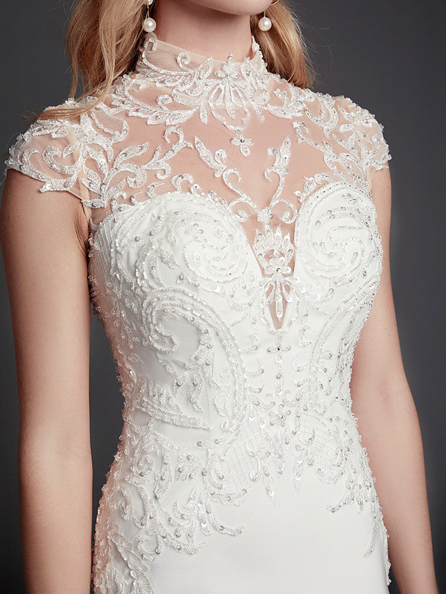 Sexy See-Through Mermaid Wedding Dress High-Neck Lace Satin Sleeveless Bridal Gowns Illusion Detail Backless with Court Train