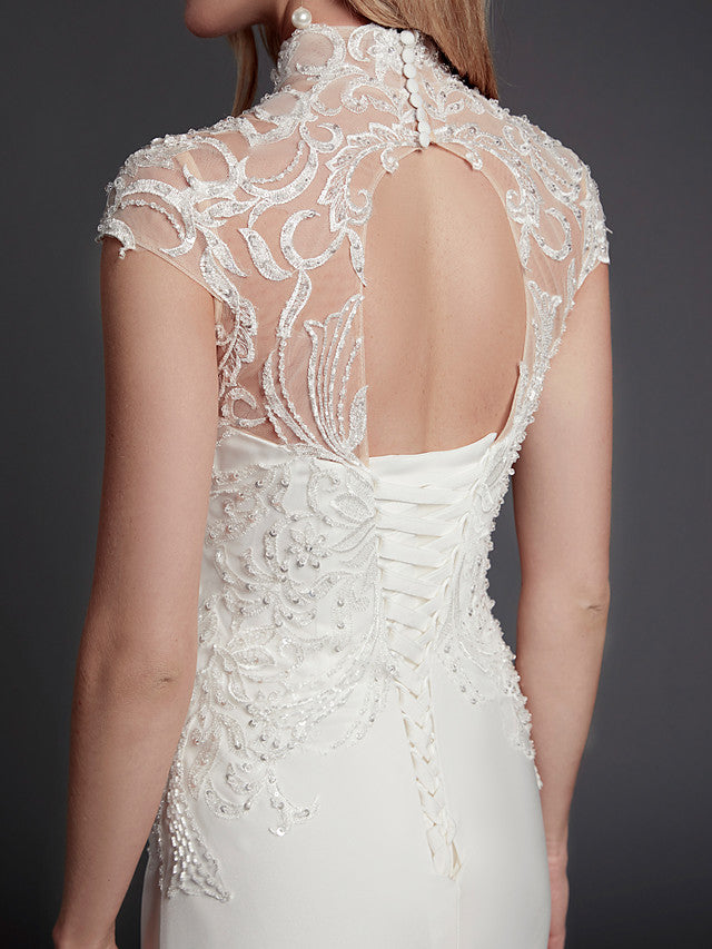 Sexy See-Through Mermaid Wedding Dress High-Neck Lace Satin Sleeveless Bridal Gowns Illusion Detail Backless with Court Train