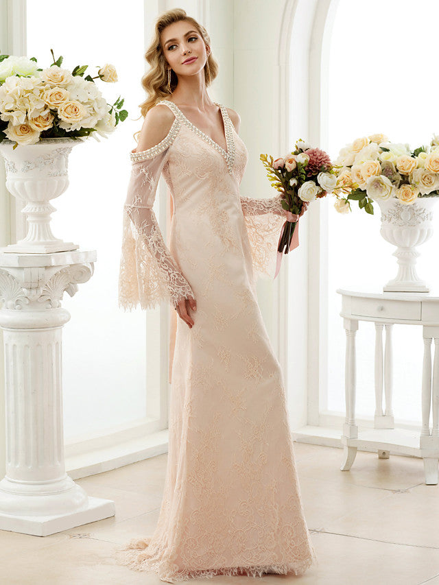 Sexy Sheath Beach Wedding Dress Floral Lace Long Sleeves Bridal Gowns in Color Open Back with Sweep Train